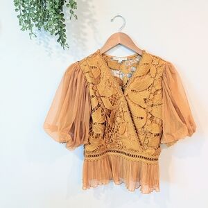 Haute Monde Mustard Lace Blouse with Puff Sleeves Size M